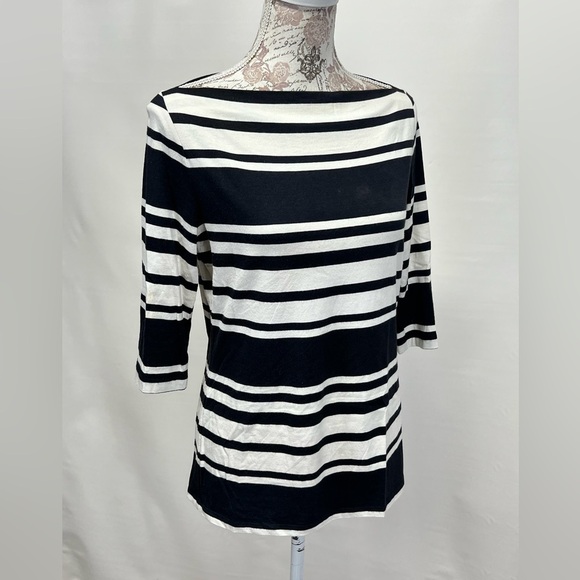 CYNTHIA ROWLEY Black and‎ Ivory striped boat neck top size L. - Picture 4 of 10